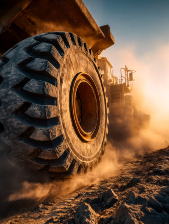 A gritty shot capturing a massive construction vehicle wheel in motion, stirring up a cloud of dust...