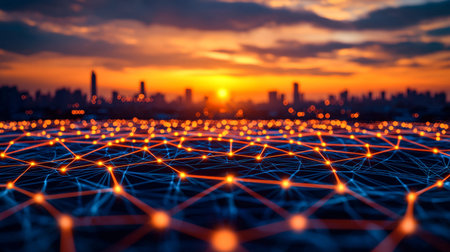 Vibrant cityscape at dusk intertwined with glowing digital pathways, illustrating high-tech...