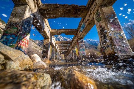 Vibrant murals adorn a rustic bridge spanning a lively mountain creek, beneath a crisp blue sky that accentuates the energetic urban art scene in nature.のeditorial素材