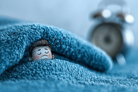 A peaceful individual snuggled beneath a plush, indigo blanket, with a softly blurred antique clock...