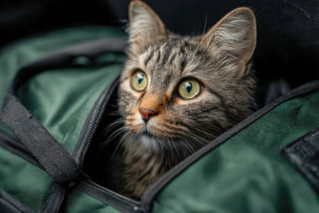 A playful tabby kitten's whiskered face emerges from a vibrant green tote, capturing a moment of...