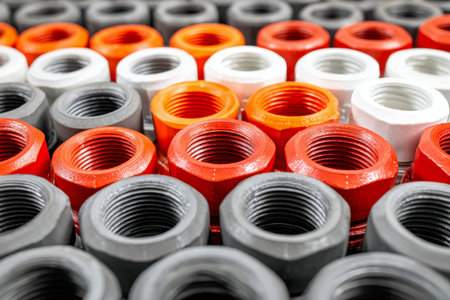 Vibrant rows of threaded connectors in shades of crimson, amber, slate, and ivory display meticulous...