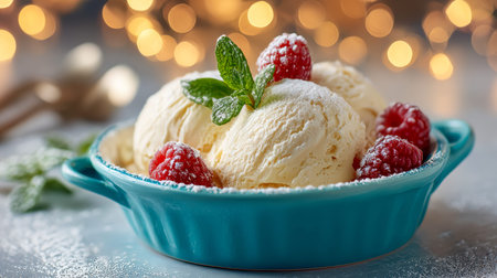 A delectable dessert featuring smooth vanilla scoops topped with juicy raspberries and fragrant...