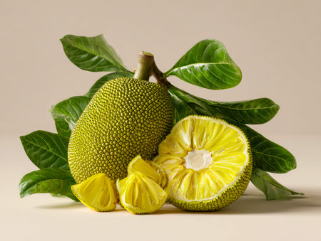 A ripe jackfruit showcases its golden, juicy interior surrounded by lush green foliage, set against...