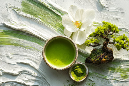 A tranquil arrangement vibrant features matcha tea, a fragile blossom, and a miniature Bonsai, set...