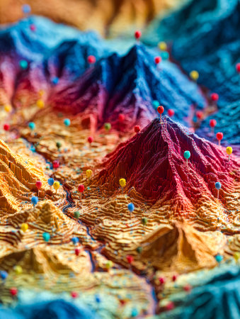 A dynamic 3d landscape showcasing a vivid elevation map, dotted with bright pins highlighting key...