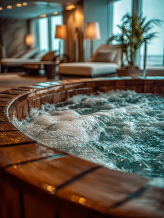 A serene indoor retreat featuring a handcrafted wooden hot tub filled with steaming water, encircled...