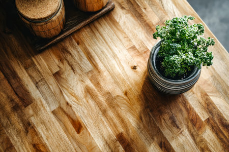 A fresh herb in a ceramic pot sits on rustic wood, complemented by glass spice jars in the backdrop,...