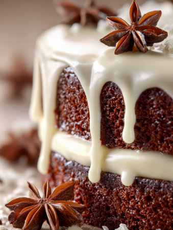 A decadent chocolate cake with multiple layers, adorned with smooth white frosting and accented by...