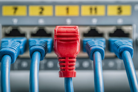 Multiple blue Ethernet cords connect to a sleek network switch, with a striking red port drawing...