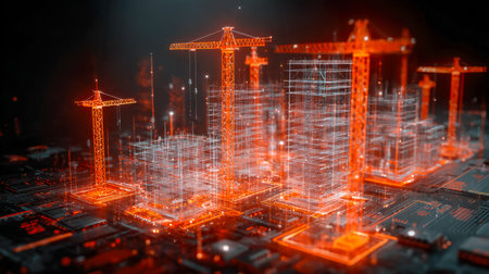 A high-tech rendered plan showcasing a cutting-edge development zone, with glowing cranes and sleek...
