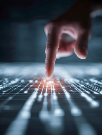 A single fingertip reaches out amid a dark setting, activating a luminous cybernetic display filled...