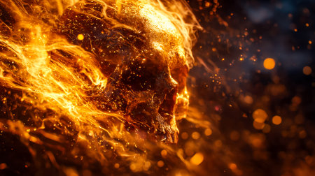 An intense burst of flames creates a vivid skull silhouette, surrounded by dazzling sparks that...
