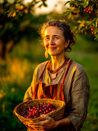 A cheerful woman enjoys picking ripe cherries amid lush trees as warm sunset hues cast a golden glow over the tranquil orchard scene.のeditorial素材