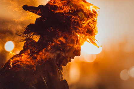 A determined individual in a protective helmet stands amidst intense fiery visuals, embodying...