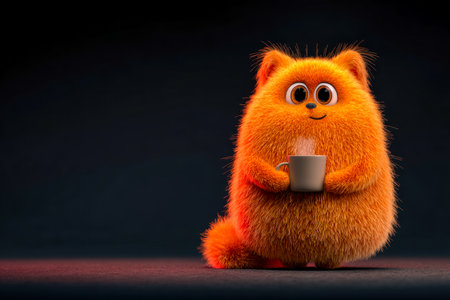A charming animated hamster with big expressive eyes cradles a steaming mug, exuding coziness and warmth against a sleek, dark backdrop perfect for playful or comforting themeのeditorial素材