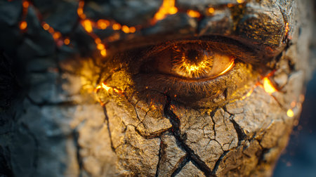 A haunting, dreamlike scene featuring a human eye set within scorched, fractured ground crackling...