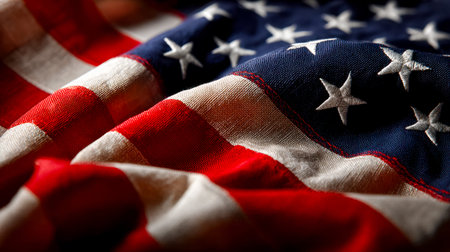 Detailed view of a waving flag's textured fabric, showcasing star patterns and intricate folds...