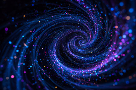 A mesmerizing whirl of luminous neon streaks and shimmering particles forms a dynamic cosmic spiral,...