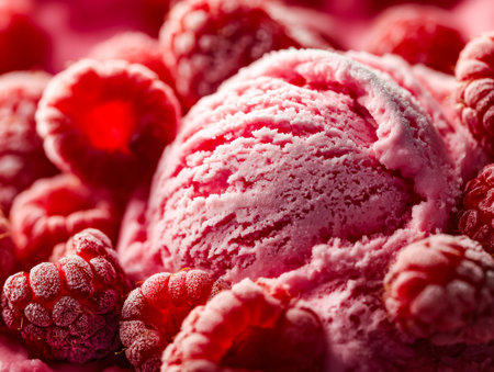 A creamy, vibrant pink treat topped with a glossy layer, nestled amidst plump, ripe raspberries that...