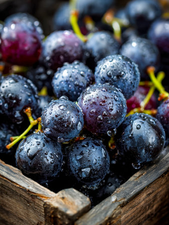 Juicy black grapes glisten with dew, nestled in a weathered wooden crate that evokes rustic charm...