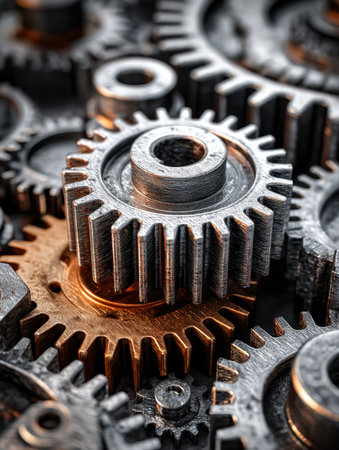 Detailed macro of synchronized mechanical cogs, showcasing craftsmanship and meticulous design...