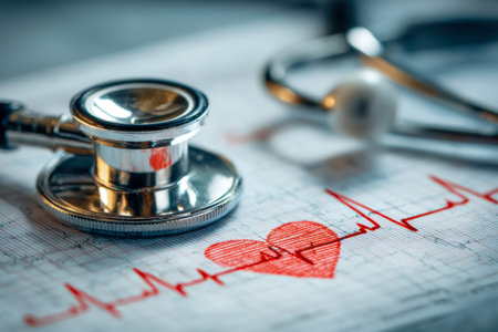A detailed view of a stethoscope gently placed on a heartbeat chart, highlighting heart health and...