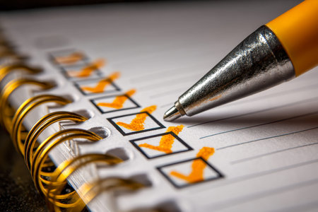A bright yellow pen emphasizes completed tasks with bold orange checkmarks, neatly organized on a...