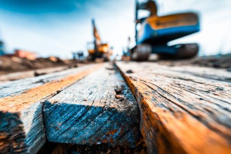 Textured aged wooden crosspieces line a construction zone, with powerful machinery stirring dust and...