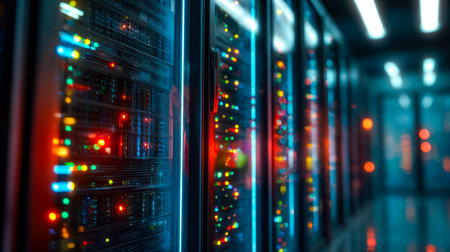 A sleek, high-tech facility showcasing rows of glowing server cabinets adorned with vibrant led...