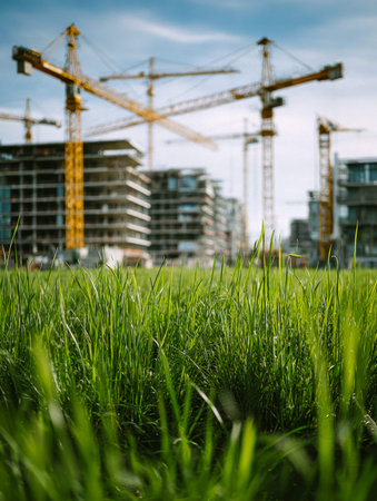 A vibrant cityscape scene featuring a lively patch of verdant grass contrasted against towering...