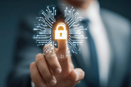 A professional in a sleek suit performs a biometric scan on a luminous digital security symbol,...