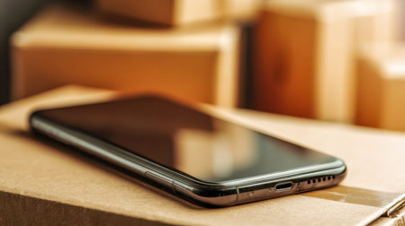 A sleek black device gently rests atop a sealed parcel, with layered packages fading into a cozy,...