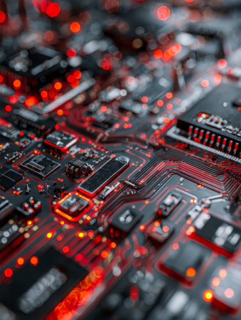 A detailed view of a futuristic electronic layout, illuminated by vibrant red LEDs that emphasize...