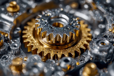 A detailed view of finely crafted interlocking metal components, glaming with brushed gold and...