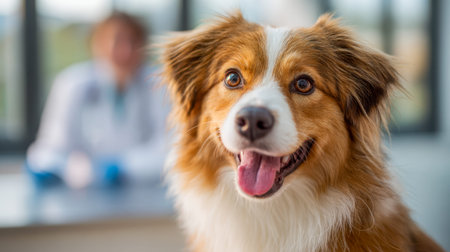 A cheerful, alert canine with a wide smile sits patiently in a clinic, while a blurred veterinarian...