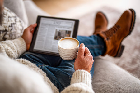 A content man unwind in a snug living space, dressed in a soft sweater and sturdy boots, while browsing headlines on a tablet and savoring a creamy coffee.のeditorial素材