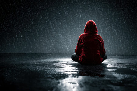A solitary figure in a crimson hoodie pauses beneath darkened skies, their contemplative stance...