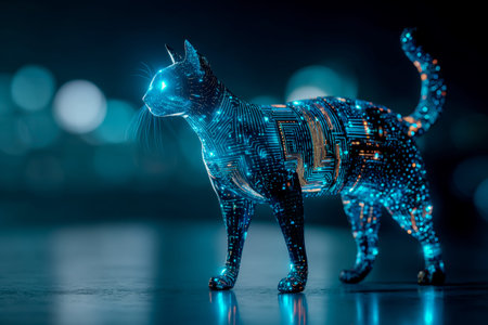 An avant-garde sculpture of a feline, embedded with radiant circuitry that pulses with a luminous glow, blending art and technology in a sleek, modernの写真素材