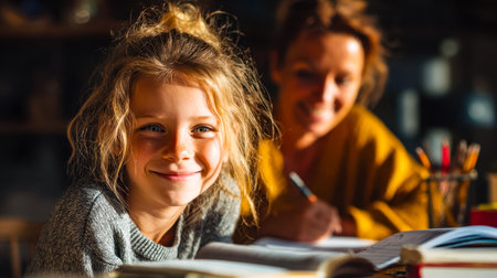 A bright, affectionate scene capturing a girl immersed in learning alongside a caring adult, surrounded by warm decor and soft lighting that evokes comfort and bonding.のeditorial素材