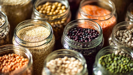 Colorful varieties of dried pulses and grains neatly organized in transparent containers, ready to...