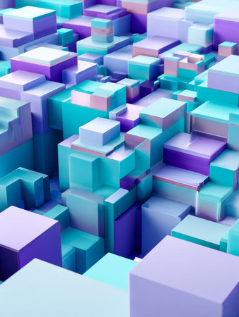 A vibrant metropolis of geometric forms in glowing hues, blending digital art style with a dynamic,...