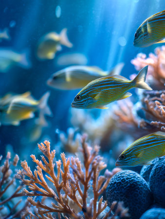 A lively array of aquatic creatures glides through a vivid, gem-like coral kingdom, capturing the...