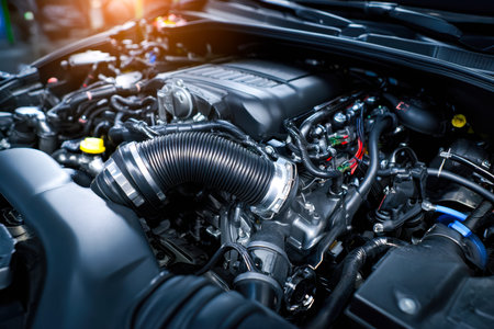 A detailed view of a sleek vehicle's heart, highlighting intricate machinery, vibrant hoses, and...