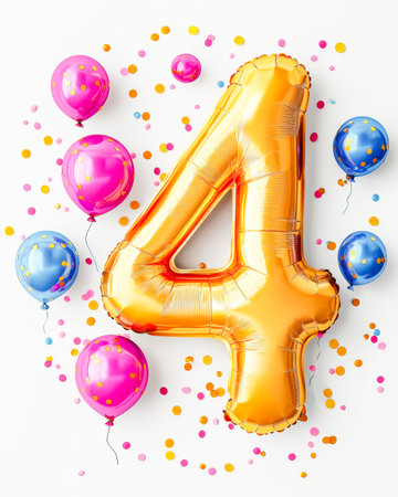 Brightly decorated scene with vibrant balloons and a shimmering gold numeral four, capturing joyful...
