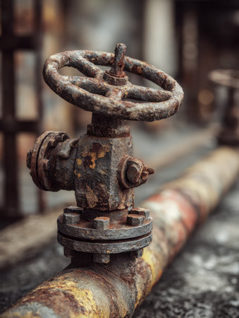 Weathered and decayed, a vintage valve exhibits layers of rust, embedded in corroded metal, hinting...