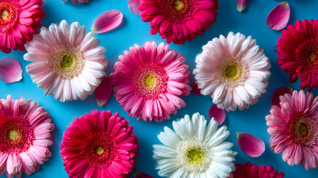 A lively array of pink, white, and crimson gerbera daisies with scattered petals against a vivid...