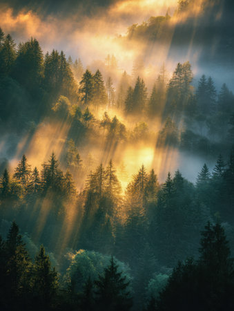 Dawn breaks through a foggy pine woodland, casting striking golden beams that highlight the forest's...
