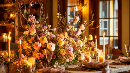 A refined arrangement of blooms adorns a table, softly illuminated by flickering candles, creating...