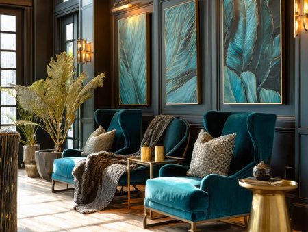 An opulent living space showcases rich teal upholstered seats with shimmering gold details,...